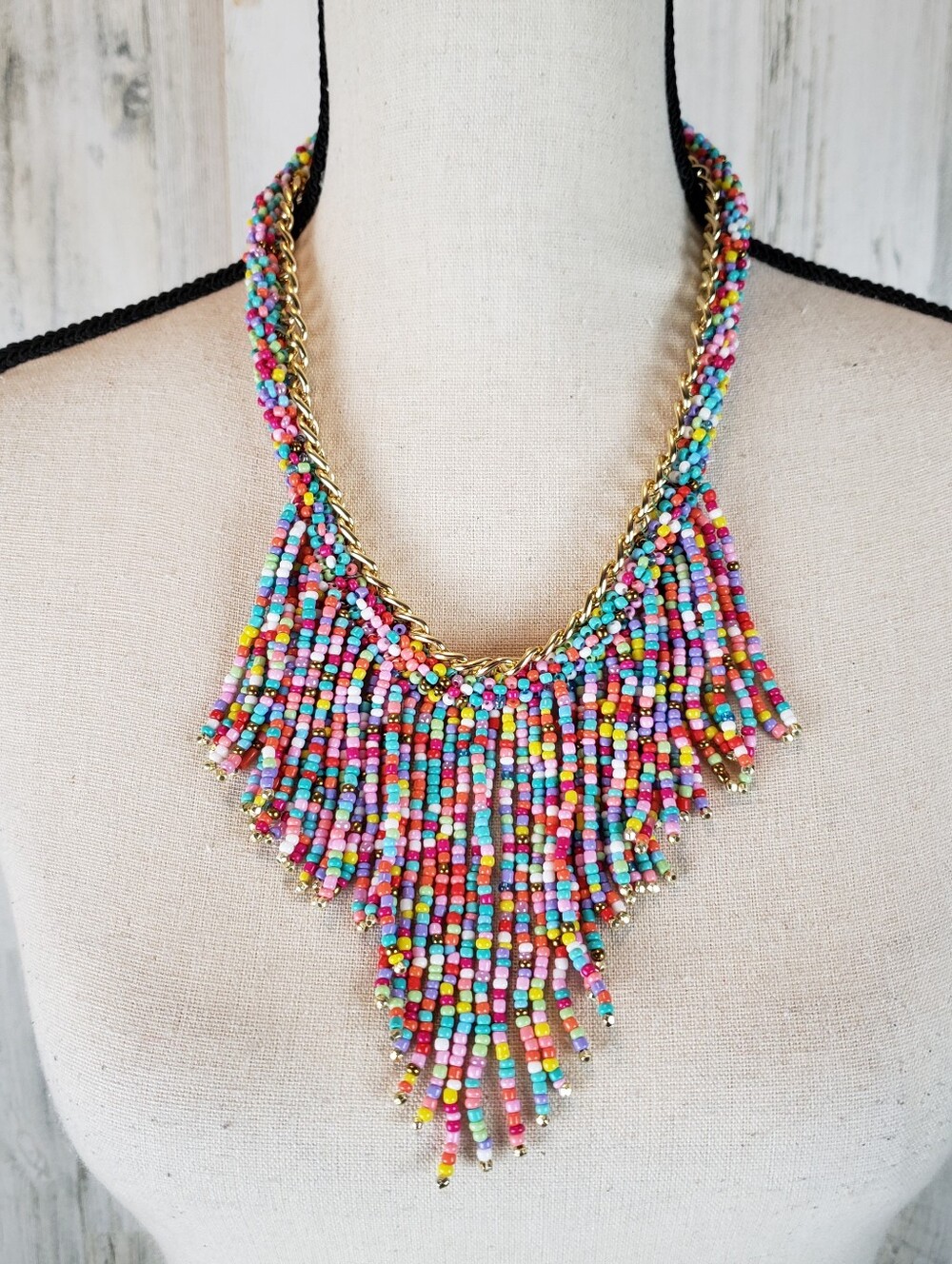 Multicolor Seed Bead Fringe Statement Necklace - Unbranded